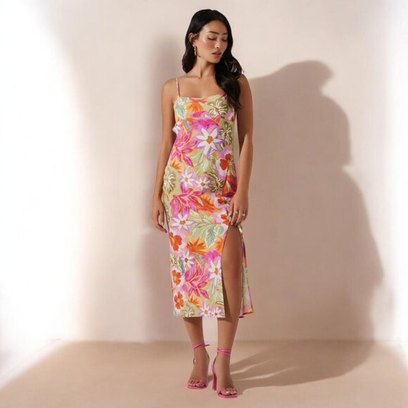 NWT ASTR Gabriella Midi Dress Orange Purple Multi - Picture 2 of 9